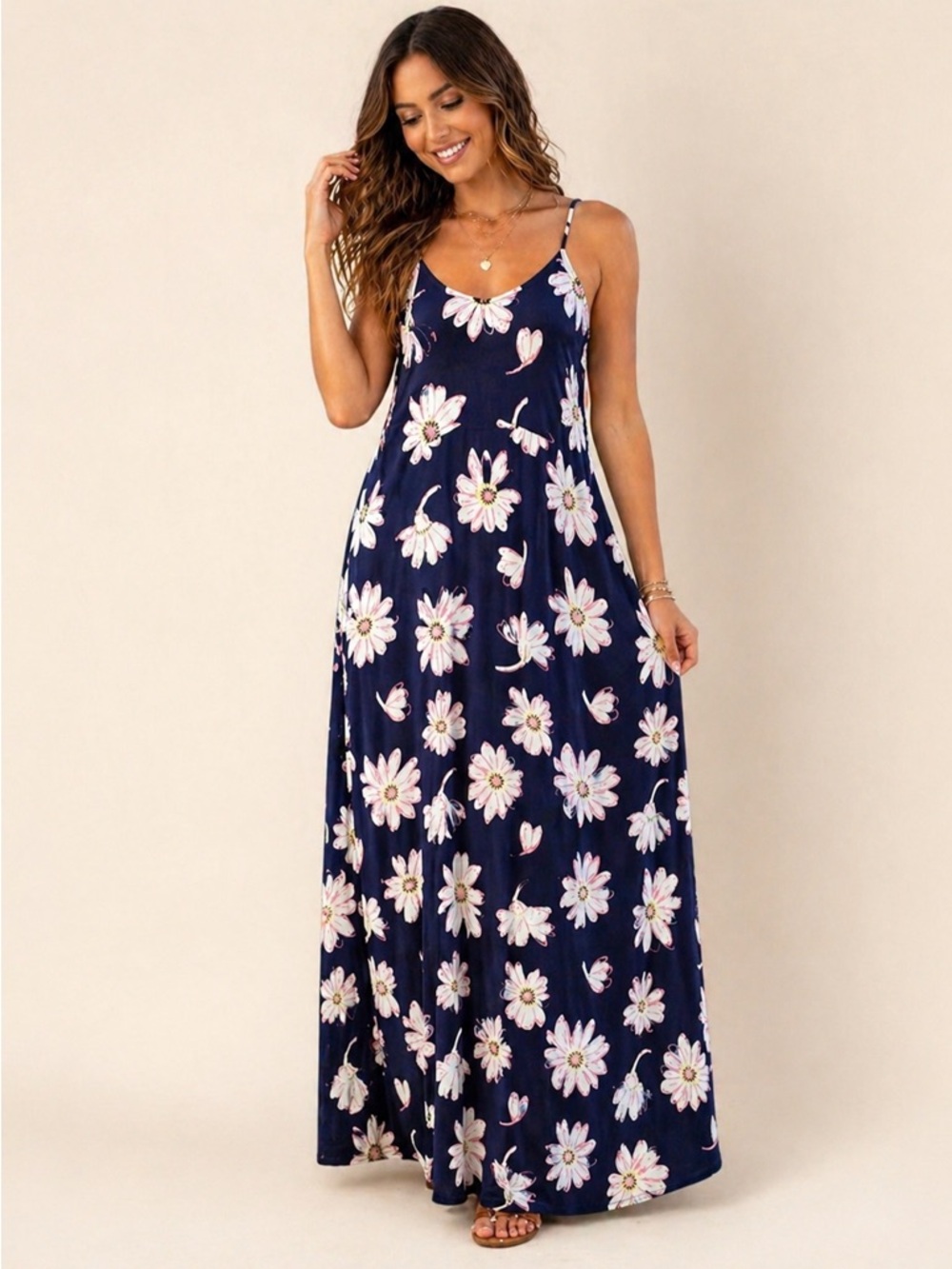 Navy Floral Maxi Dress Adjustable Straps Boho Summer Small